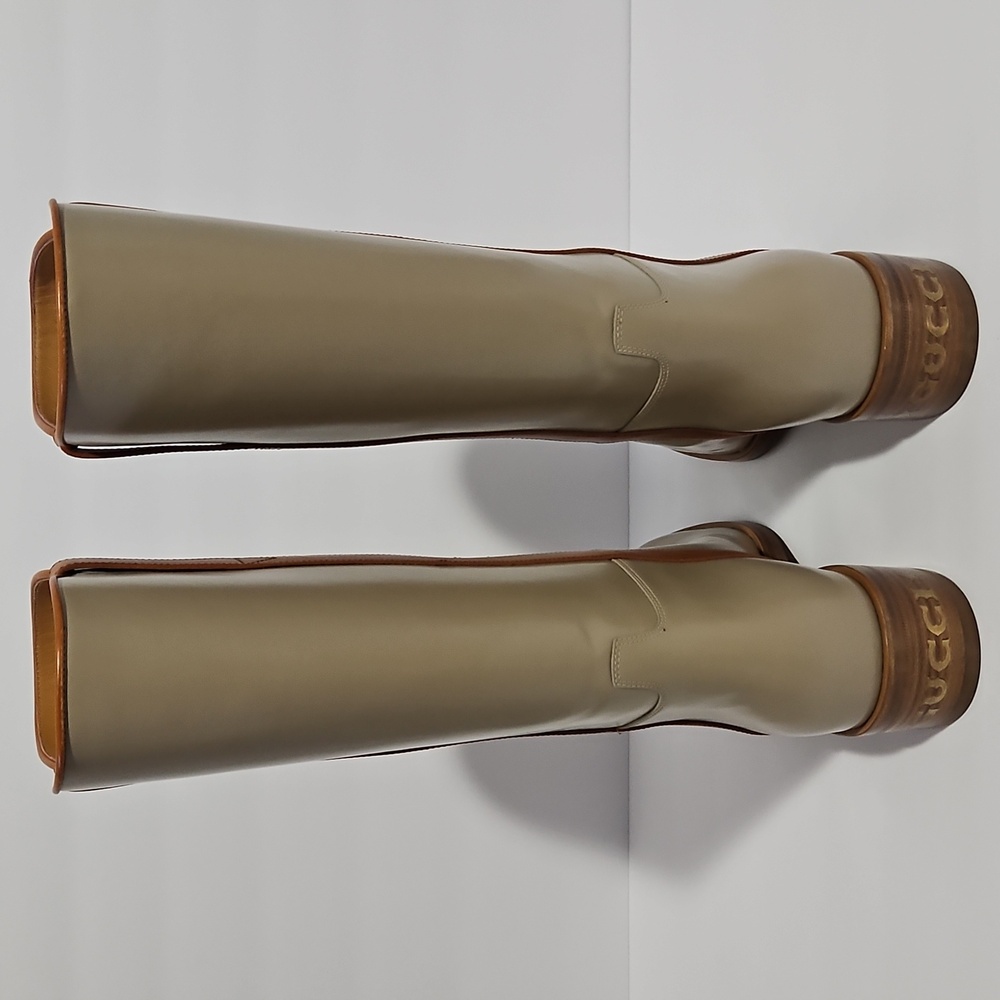 Gucci Women's Unisex Leather Mid-Calf Boot Beige/Tan 8 Shoe Horn Dust Bag Box - Picture 5 of 15
